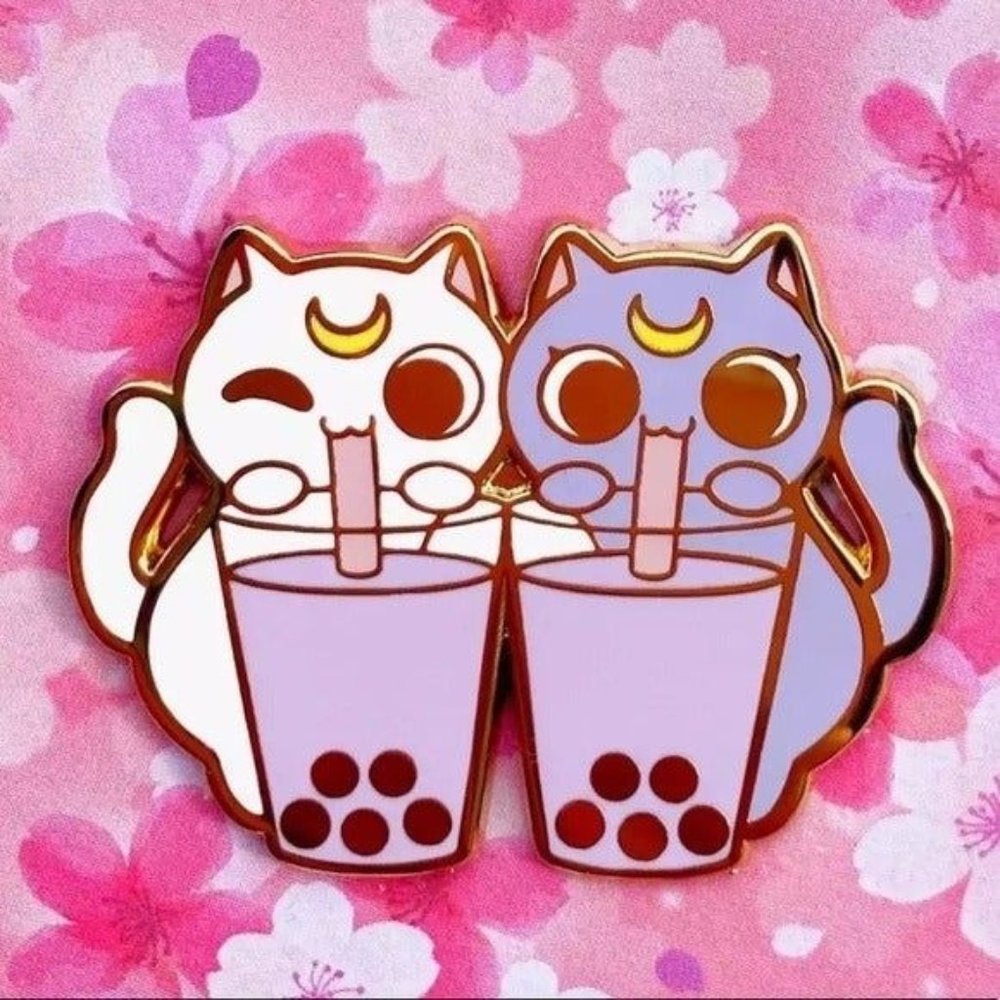 *50% OFF! Cats & Boba enamel pin flair cat tea straw crescent moon